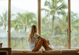 Girl holding knees at a window The Ohana Hawaii